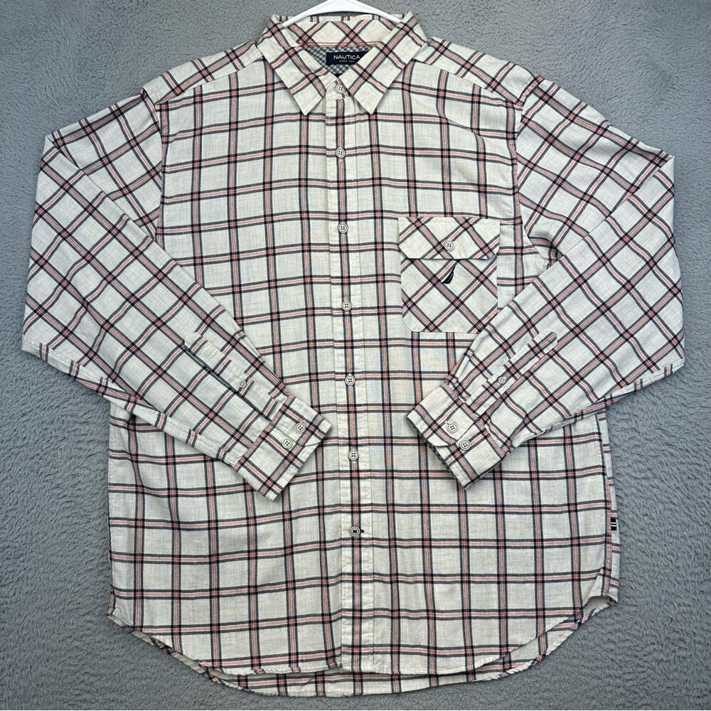 Nautica Shirt Mens Extra Large Beige Plaid Slim Fit Button Up Nautical Business